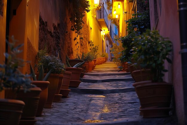 Narrow Road Lined with Pots Leading to Street