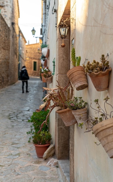 Narrow street  in old town with facades decorated with plants and a lone woman on the background