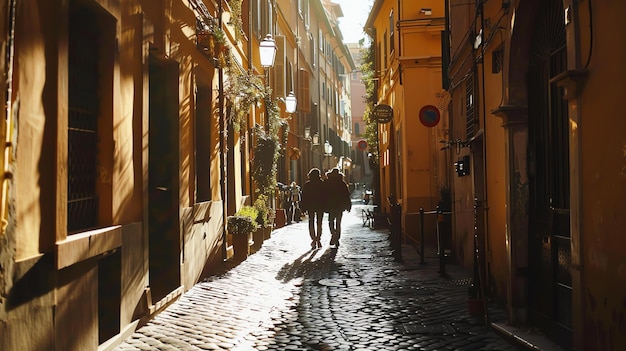 Narrow street with a cobblestone road and two people walking away from the camera