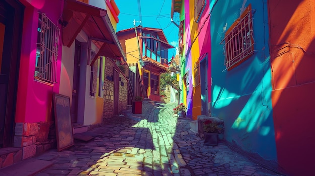 A narrow street with colorful buildings on both sides The street is made of cobblestones and there are a few plants growing in pots along the way