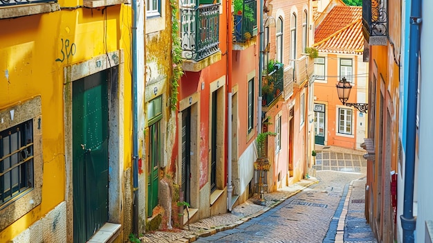 Narrow street with colorful buildings in Lisbon Portugal
