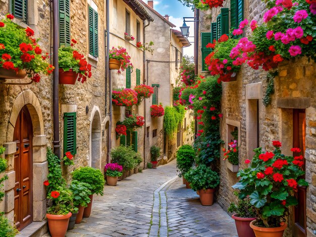 Narrow street with flowers in the old town of Bologna Italy