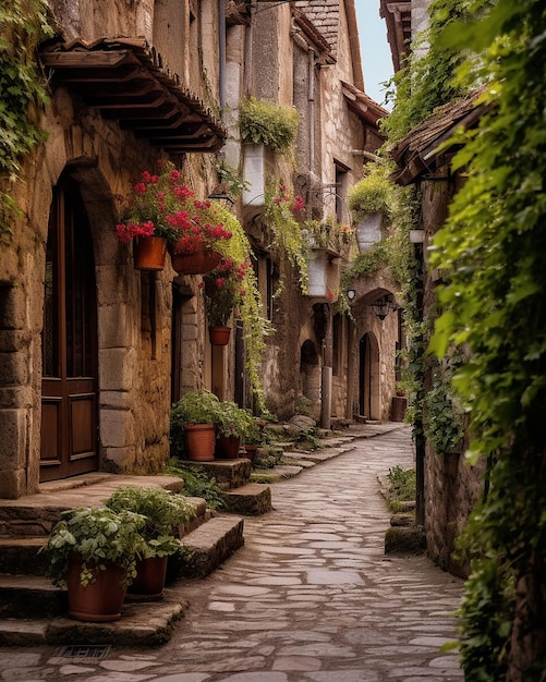 A narrow street with potted plants and flowers on the wall.