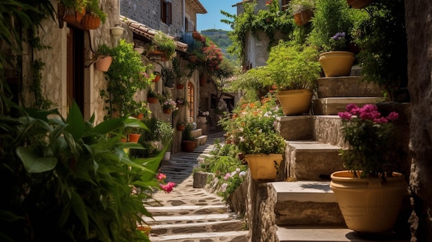 Photo a narrow street with stairs and plants on the steps