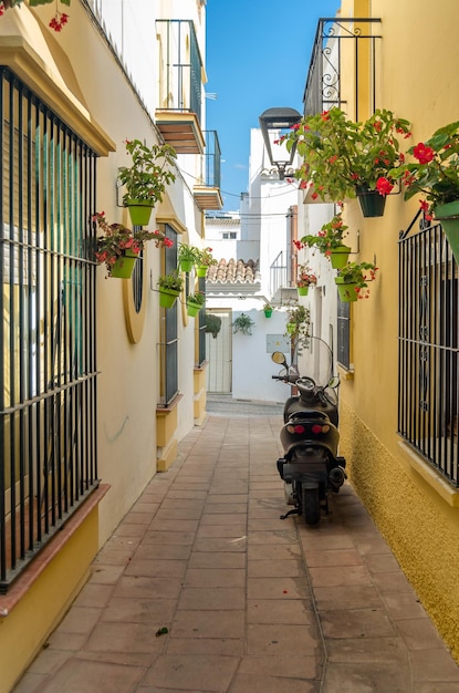 Narrow streets in the center of estepona typical andalusian town with white houses adorned with colorful flower pots located on the costa del sol malaga province southern spain