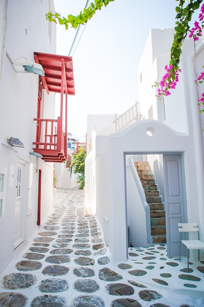 Le strette strade dell'isola con balconi blu, scale e fiori in grecia.