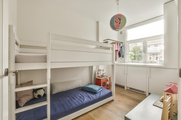 Photo narrow stylish child bedroom at home