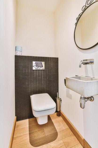 Narrow toilet room with minimalist design