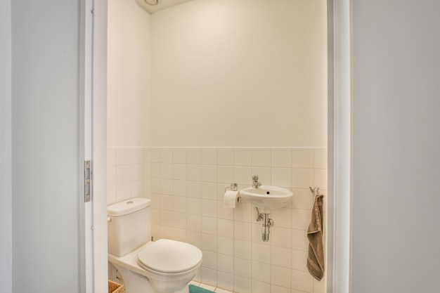 Narrow toilet room with sink