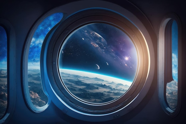 NASA provided the futuristic dark blue spaceship cabin with the window view of the universe and planets