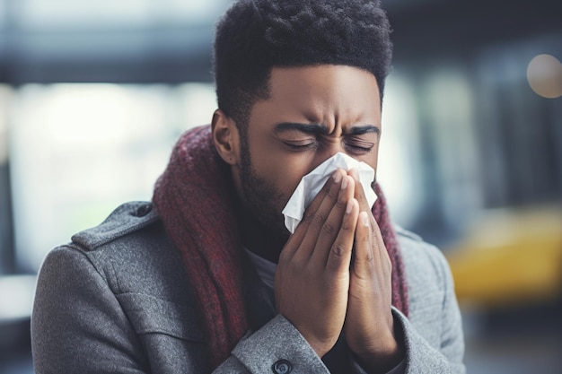 写真 鼻づまり 副鼻腔炎またはアレルギー 詰まった表情でティッシュを鼻に当てている人の拡大図