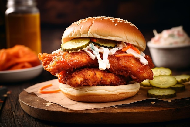 Photo nashville hot chicken burger with pickles and coleslaw