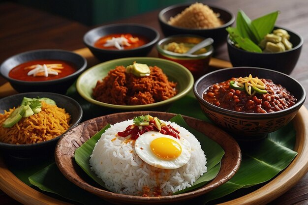 Photo nasi lemak feast with condiments