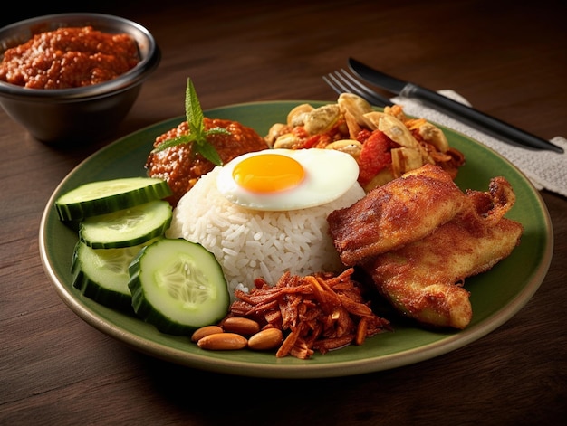 Nasi lemak malaysian food with rice fried egg fried chicken cucumber peanut and sambal