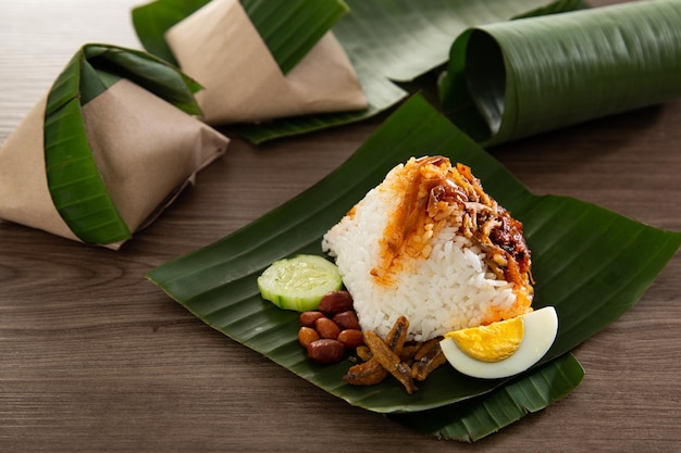 Nasi lemak pack in banana leaf popular breakfast in Malaysia