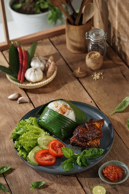 Фото nasi liwet или nasi timbel wrap в банановом листе, подается с различными гарнирами