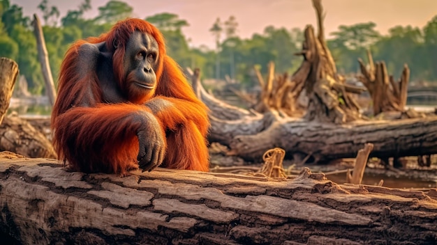 Nasleep van ontbossing zit een orang-oetan op een boomstronk Generatieve AI
