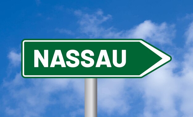 Nassau road sign on sky background