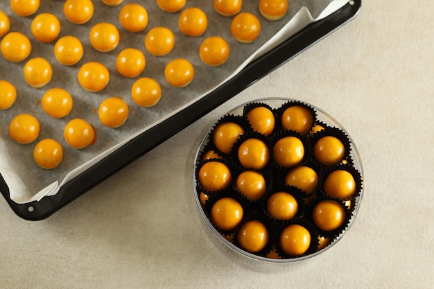 Nastar or Indonesian pineapple tart cookies in baking tray