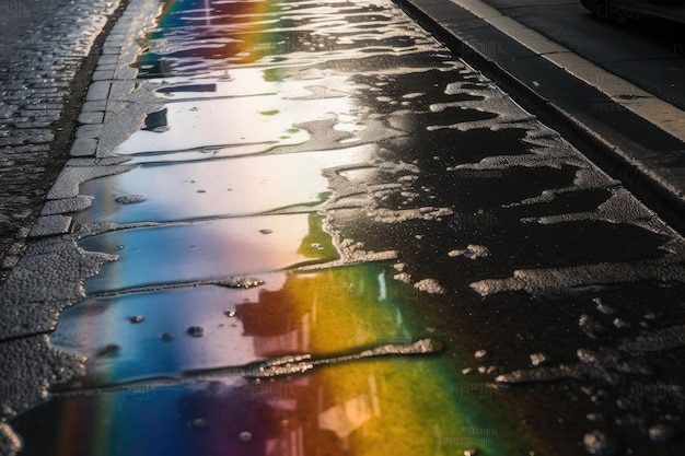 Foto nat asfalt met regenboogreflectie in de zon