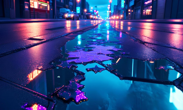 Nat asfalt met stadsavond neonverlichting als achtergrond die stadslichten in een plas reflecteert