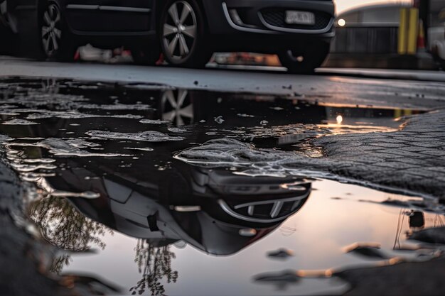 Nat asfalt na een fikse regenbui met plassen en reflecties