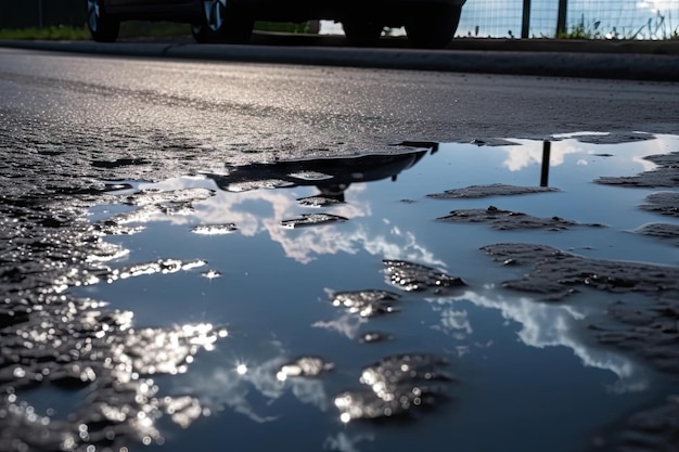 Nat asfalt na regenbui met plassen en weerspiegelingen van de lucht