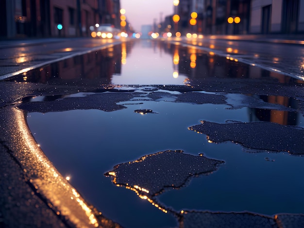 Nat asfalt op de achtergrond van de avondstad die stadslichten in een plas weerkaatst