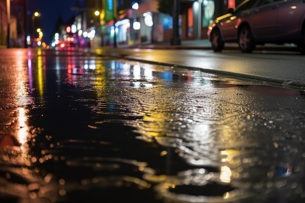 Nat asfalt 's nachts met kleurrijke lichten en reflecties