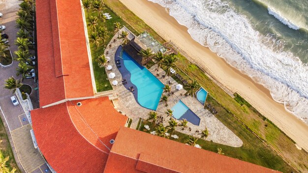 Natal, Rio Grande do Norte, Brazil - March 12 2021: Aerial image of the Aram Praia Marina hotel