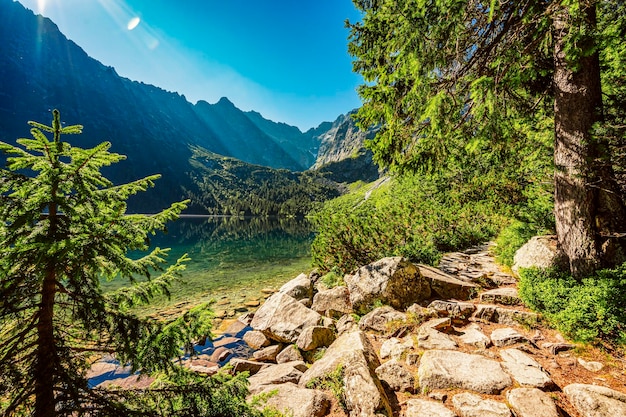 Nationaal Tatrapark in Polen Beroemd bergmeer Morskie oko of zeeoogmeer In de Hoge Tatra Vijf merenvallei