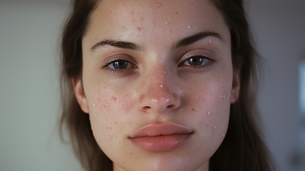 Photo national acne positivity day portrait of confident woman acne skin closeup of girl with hormonal acne pimples skin