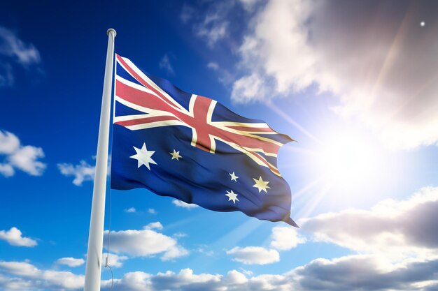 National australia flag waving in the wind against the blue sky wavy flag in the sky with sunbeams
