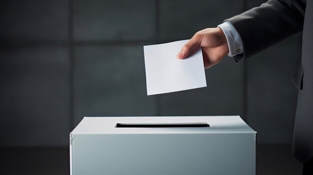 Photo national ballot poll inserting vote document into ballot box by supporter with white background