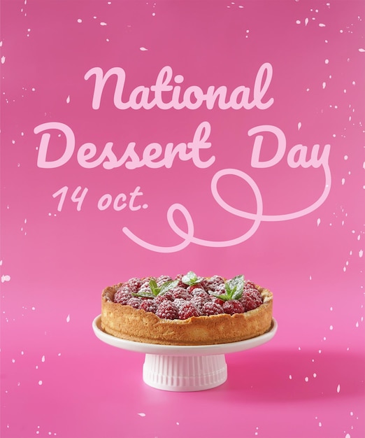 National Dessert Day 스톡 이미지 맛있는 크림 라즈베리 케이크 디저트의 날 포스터 10월 14일