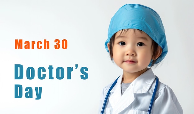 National Doctors day Asian Child Doctor in white coat on gray background