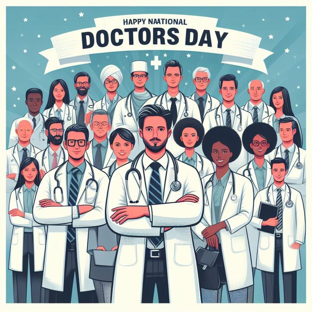 National Doctors Day Background Illustration Doctor standing in front of her team in hospital