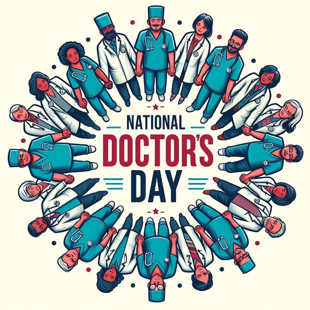 National Doctors Day Background Illustration Doctor standing in front of her team in hospital