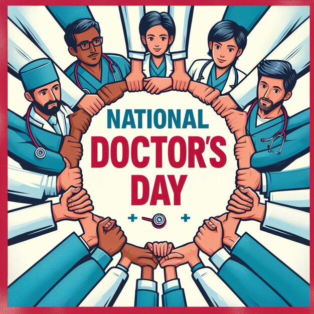 Национальный день врачей Иллюстрация на фоне Доктора, стоящего перед своей командой в больнице