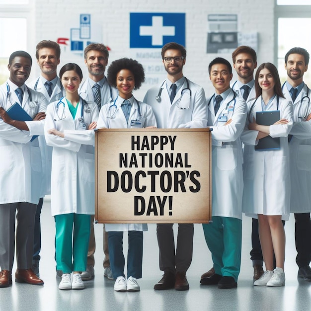 Национальный день врачей Иллюстрация на фоне Доктора, стоящего перед своей командой в больнице