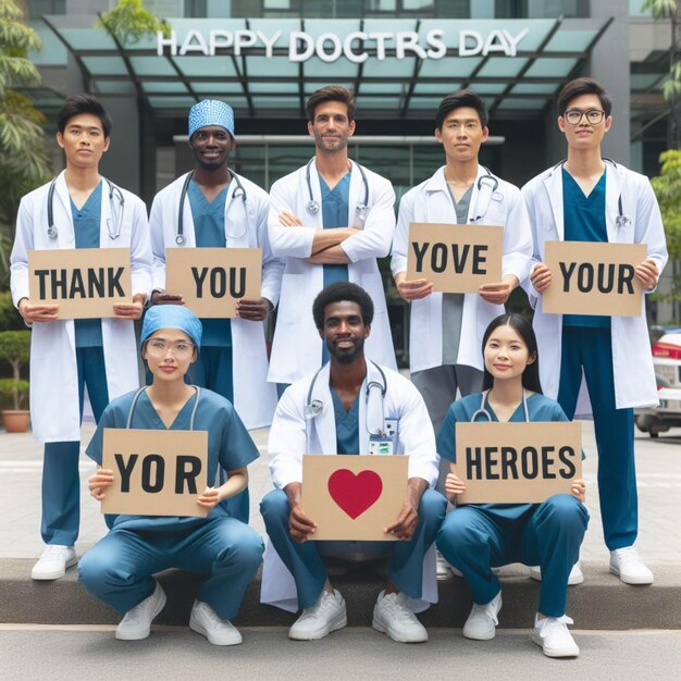 Photo national doctors day background illustration doctor standing in front of her team in hospital