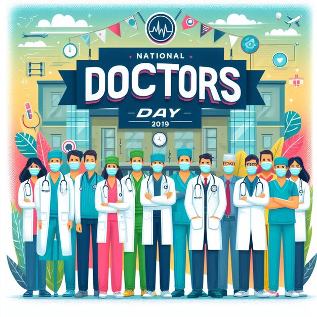 National Doctors Day Background Illustration Doctor standing in front of her team in hospital