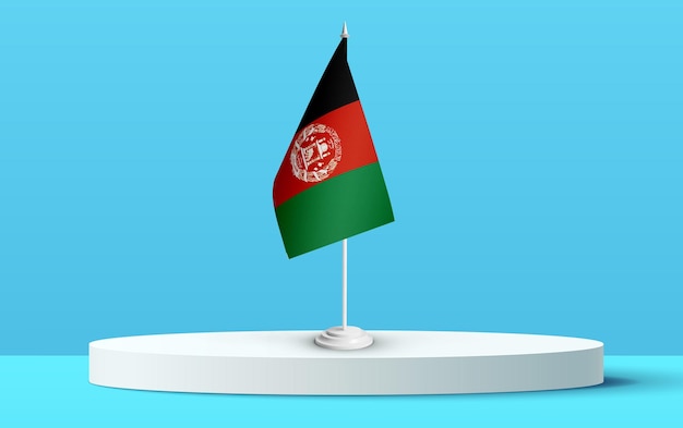 The National flag of afghanistan on a 3D podium and blue backkground.
