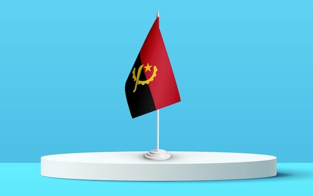 The National flag of Angola on a 3D podium and blue backkground.