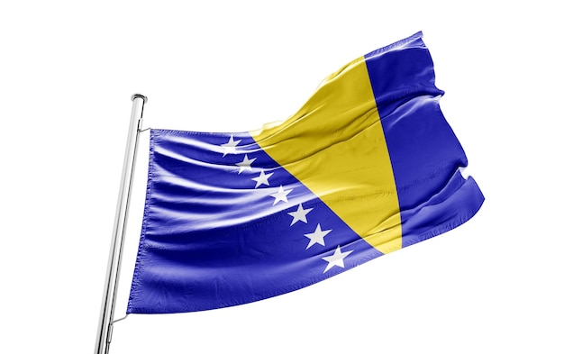 National flag of BosniaandHerzegovina flutters in the wind Wavy Flag Closeup front view