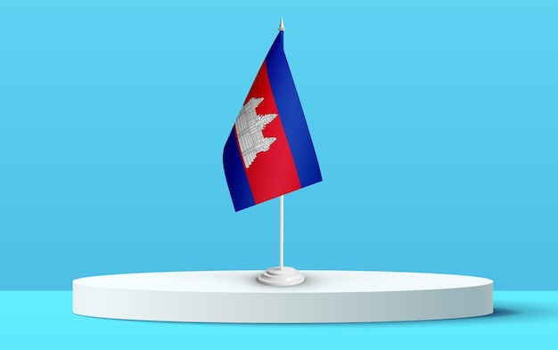 The National flag of cambodia on a 3D podium and blue backkground.