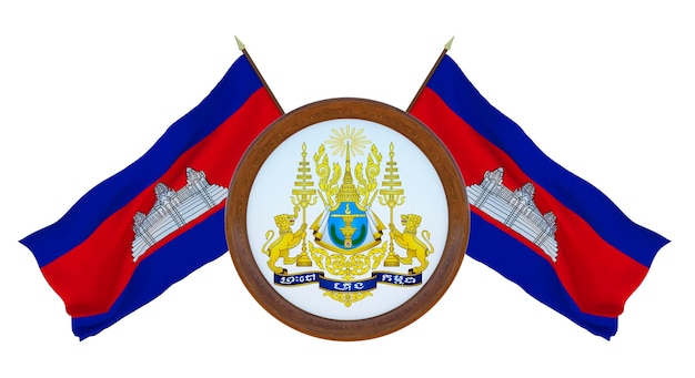 National flag and the coat of arms 3D illustration of Barbados Background with flag of Cambodia