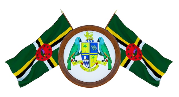 National flag and the coat of arms 3D illustration of Barbados Background with flag of Dominica