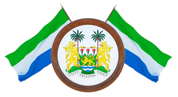 Государственный флаг и герб 3D иллюстрация Барбадоса Фон с флагом Сьерра-Леоне