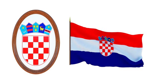 National flag and the coat of arms 3D illustration of Croatia
